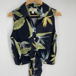 Banana Bay Top Women’s Medium Silk Knot Tie Front Tropical Palm Print Resortwear